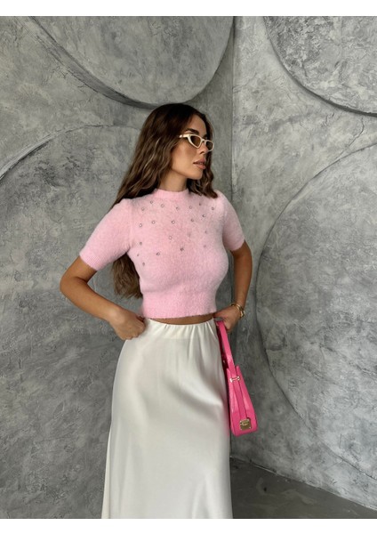 Kısa Kol Taş Işlemeli Yumoş Kazak Pembe fırsatları