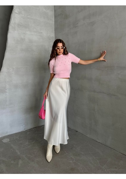 Kısa Kol Taş Işlemeli Yumoş Kazak Pembe