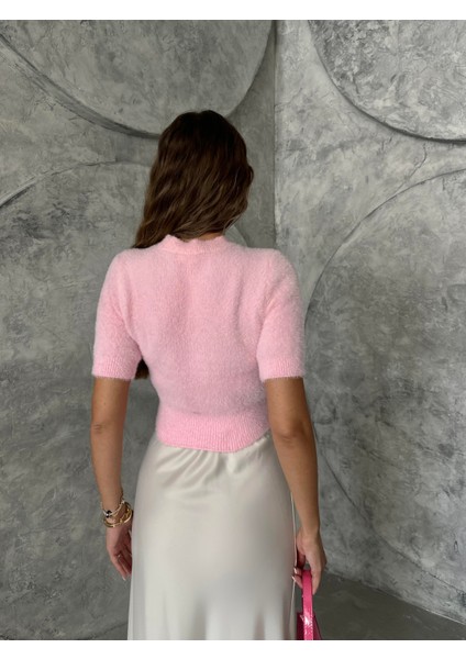 Kısa Kol Taş Işlemeli Yumoş Kazak Pembe