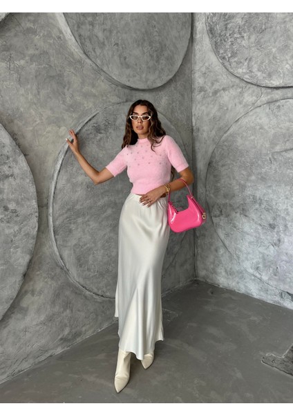 Kısa Kol Taş Işlemeli Yumoş Kazak Pembe