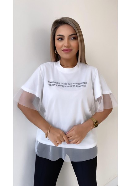 Tül Detaylı Yazılı Şık Tişört Ekru