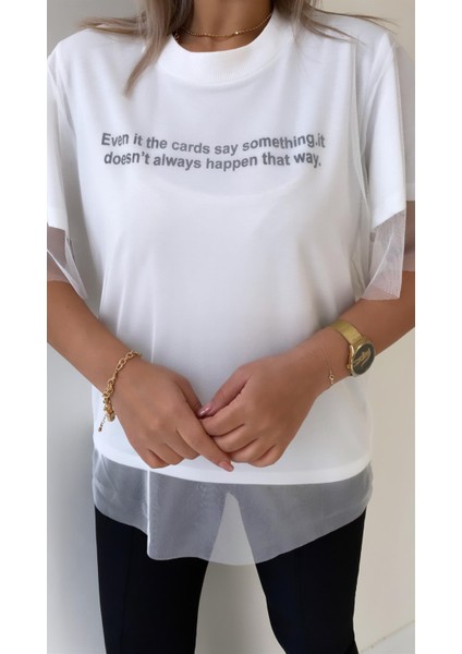 Tül Detaylı Yazılı Şık Tişört Ekru fırsatları