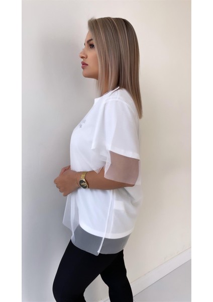 Tül Detaylı Yazılı Şık Tişört Ekru indirimleri