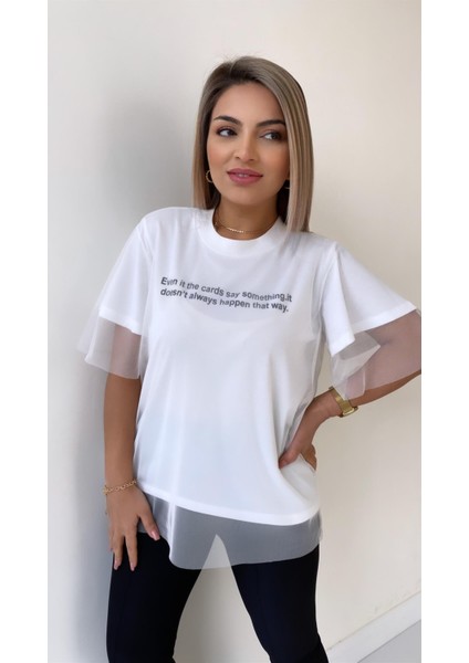 Tül Detaylı Yazılı Şık Tişört Ekru