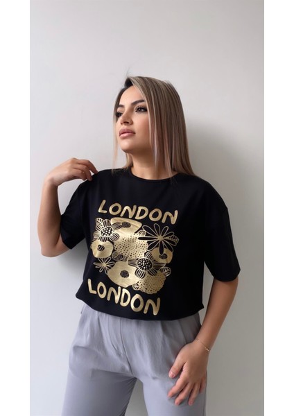 London Varak Baskılı Tişört Siyah fırsatları