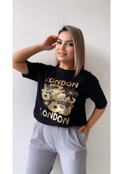 London Varak Baskılı Tişört Siyah indirimleri