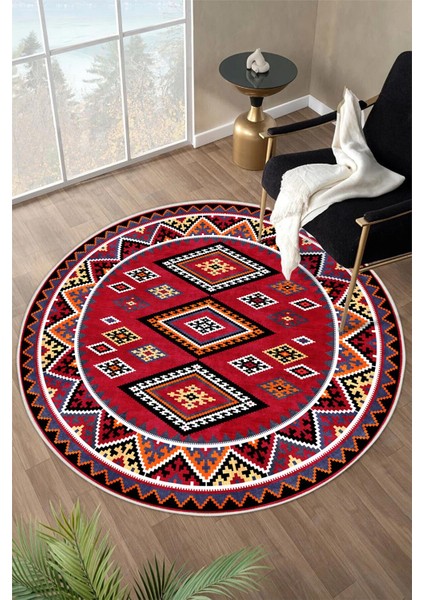 Kırmızı Etnik Kilim Desenli Dijital Baskılı Kaymaz Taban Yıkanabilir Yuvarlak Halı