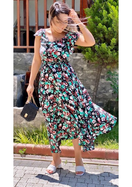 Kalp Yaka Asimetrik Viskon Elbise Siyah indirimleri