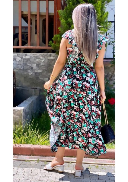 Kalp Yaka Asimetrik Viskon Elbise Siyah