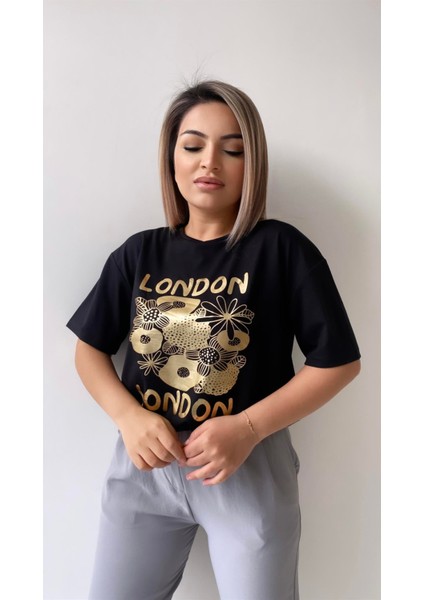 London Varak Baskılı Tişört Siyah