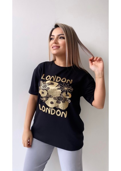 London Varak Baskılı Tişört Siyah