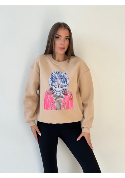 Taşlı Baskılı Üç Iplik Sweat Bej fiyatları