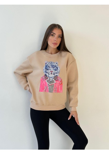 Taşlı Baskılı Üç Iplik Sweat Bej modelleri