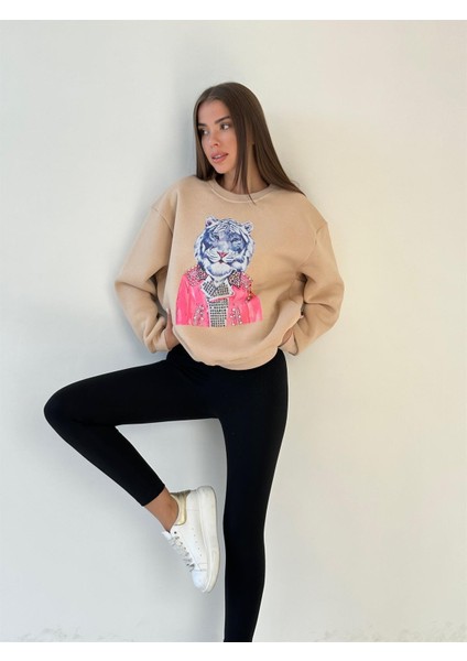 Taşlı Baskılı Üç Iplik Sweat Bej fırsatları