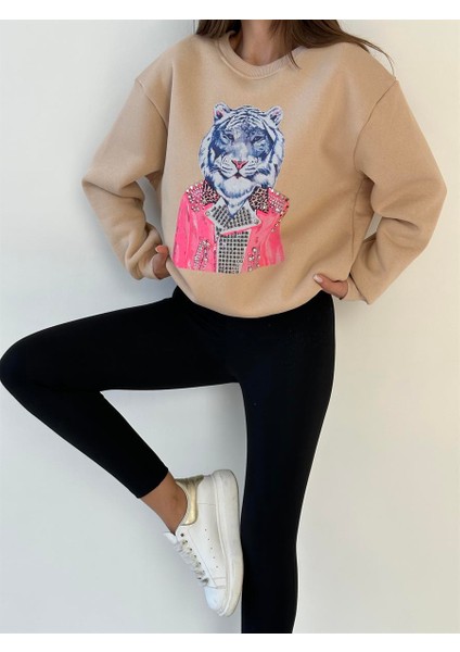 Taşlı Baskılı Üç Iplik Sweat Bej indirimleri