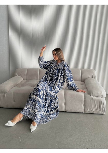 Yakası Ipli Salaş Desenli Viskon Elbise