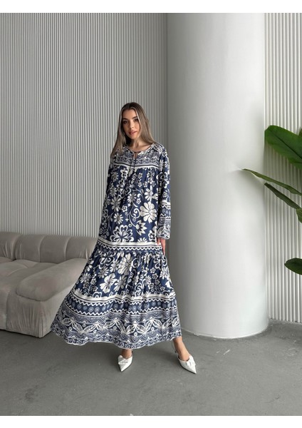 Yakası Ipli Salaş Desenli Viskon Elbise fiyatları