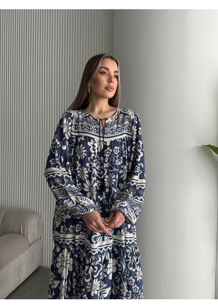 Yakası Ipli Salaş Desenli Viskon Elbise modelleri