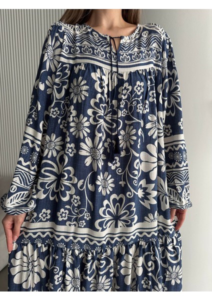 Yakası Ipli Salaş Desenli Viskon Elbise fırsatları