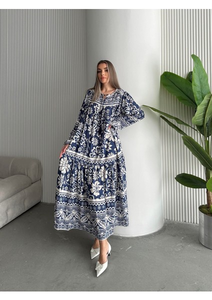 Yakası Ipli Salaş Desenli Viskon Elbise indirimleri