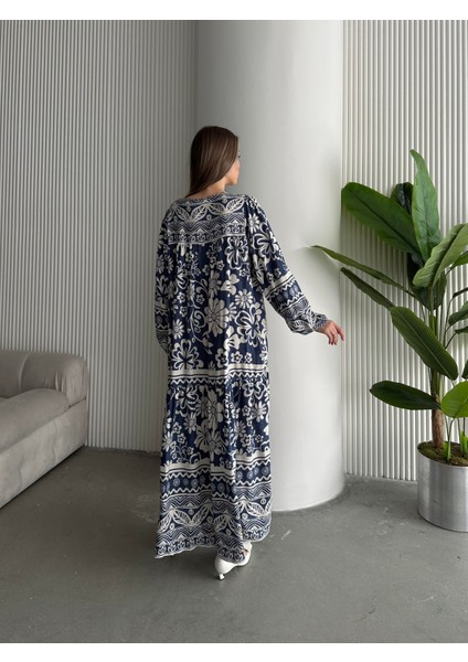 Yakası Ipli Salaş Desenli Viskon Elbise