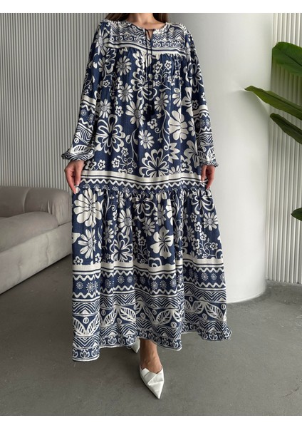 Yakası Ipli Salaş Desenli Viskon Elbise