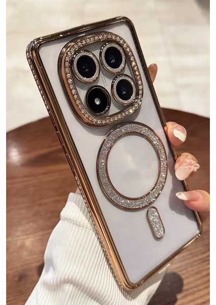 Redmi Note 14 Pro 4g-5g Uyumlu Taşlı Magsafe Şarj Özellikli Kamera Korumalı Simli Kılıf