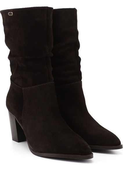 Kadın Kahve Süet Sivri Burun Körüklü Kalın Topuklu Hakiki Deri Çizme modelleri