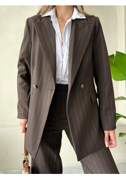 Çizgili Helina Ceket Pantolon Takım Kahverengi modelleri