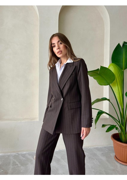 Çizgili Helina Ceket Pantolon Takım Kahverengi indirimleri