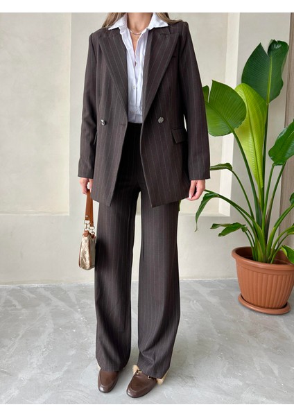 Çizgili Helina Ceket Pantolon Takım Kahverengi