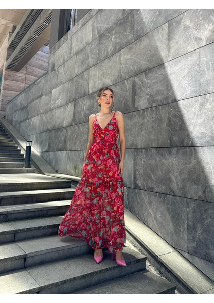 Çiçekli Askılı Uzun Şifon Elbise Kırmızı