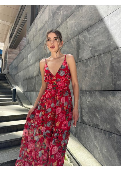 Çiçekli Askılı Uzun Şifon Elbise Kırmızı modelleri