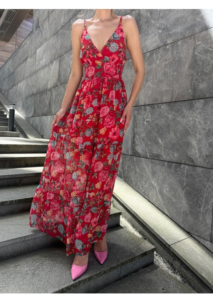 Çiçekli Askılı Uzun Şifon Elbise Kırmızı fırsatları