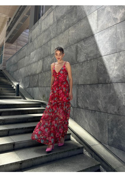 Çiçekli Askılı Uzun Şifon Elbise Kırmızı indirimleri