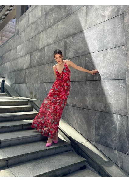 Çiçekli Askılı Uzun Şifon Elbise Kırmızı