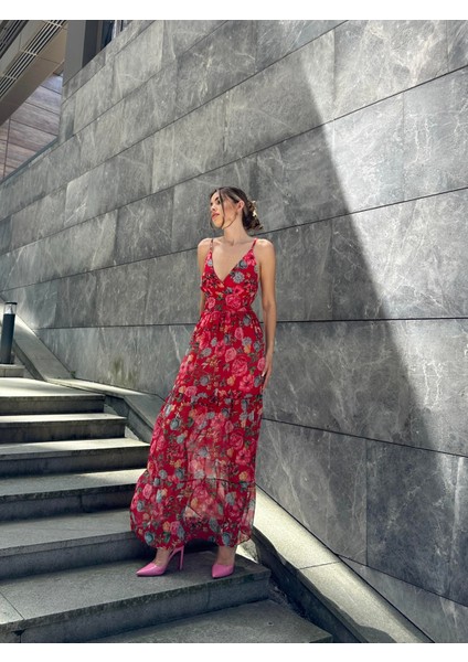 Çiçekli Askılı Uzun Şifon Elbise Kırmızı