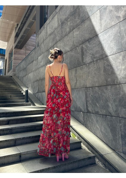 Çiçekli Askılı Uzun Şifon Elbise Kırmızı