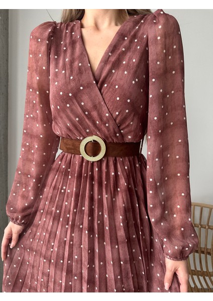 Pileli Puantiyeli Şifon Elbise Kahverengi fiyatları