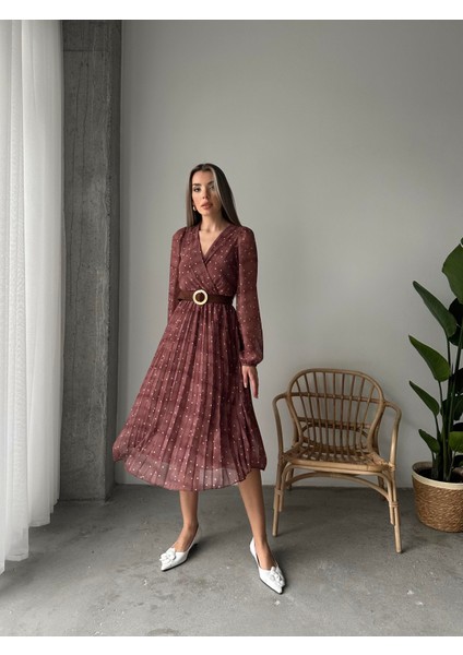 Pileli Puantiyeli Şifon Elbise Kahverengi indirimleri