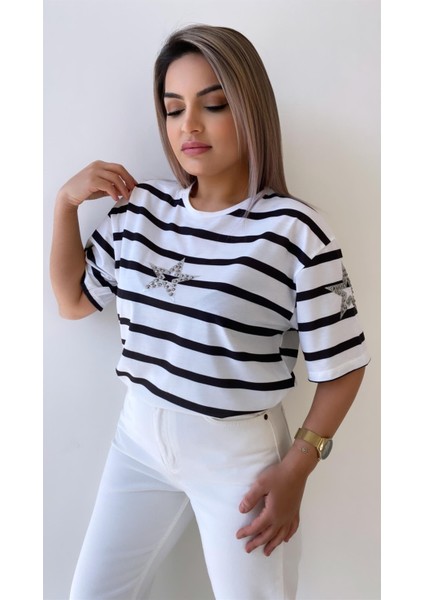 Yıldız Taşlı Çizgili Tişört Ekru