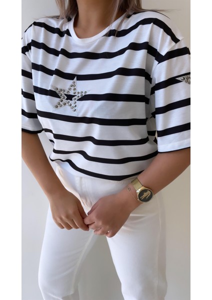 Yıldız Taşlı Çizgili Tişört Ekru fiyatları