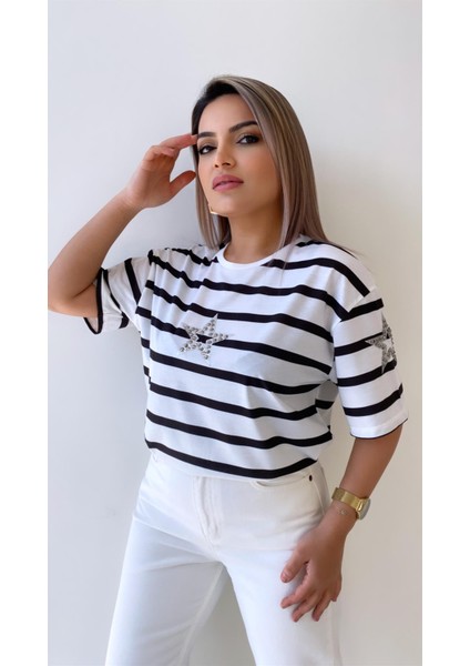 Yıldız Taşlı Çizgili Tişört Ekru modelleri