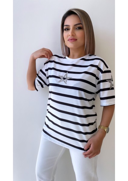 Yıldız Taşlı Çizgili Tişört Ekru fırsatları