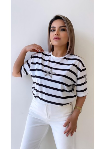 Yıldız Taşlı Çizgili Tişört Ekru indirimleri