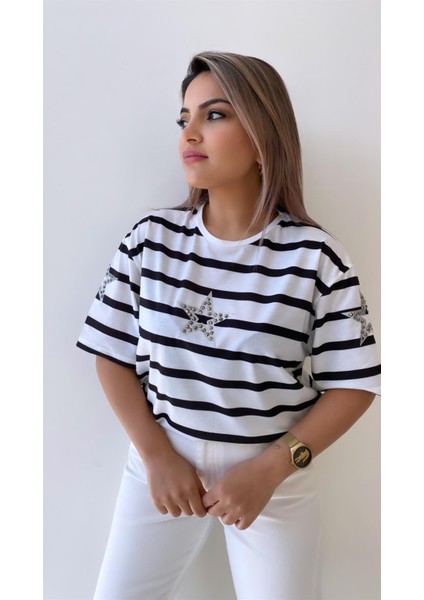 Yıldız Taşlı Çizgili Tişört Ekru