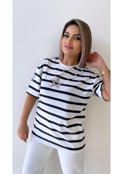 Yıldız Taşlı Çizgili Tişört Ekru