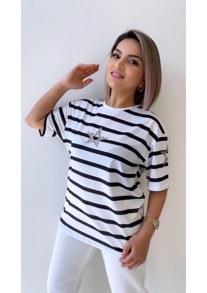 Yıldız Taşlı Çizgili Tişört Ekru