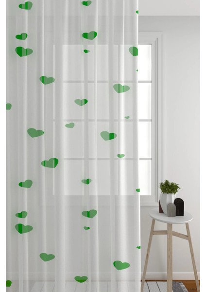 Tül Perde Seyrek Pile (1x2) Çocuk Odası Oturma Odası Hobi Odası Beyaz Perde Yeşil Kalp Desenli Perde modelleri
