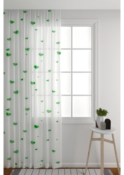 Tül Perde Seyrek Pile (1x2) Çocuk Odası Oturma Odası Hobi Odası Beyaz Perde Yeşil Kalp Desenli Perde